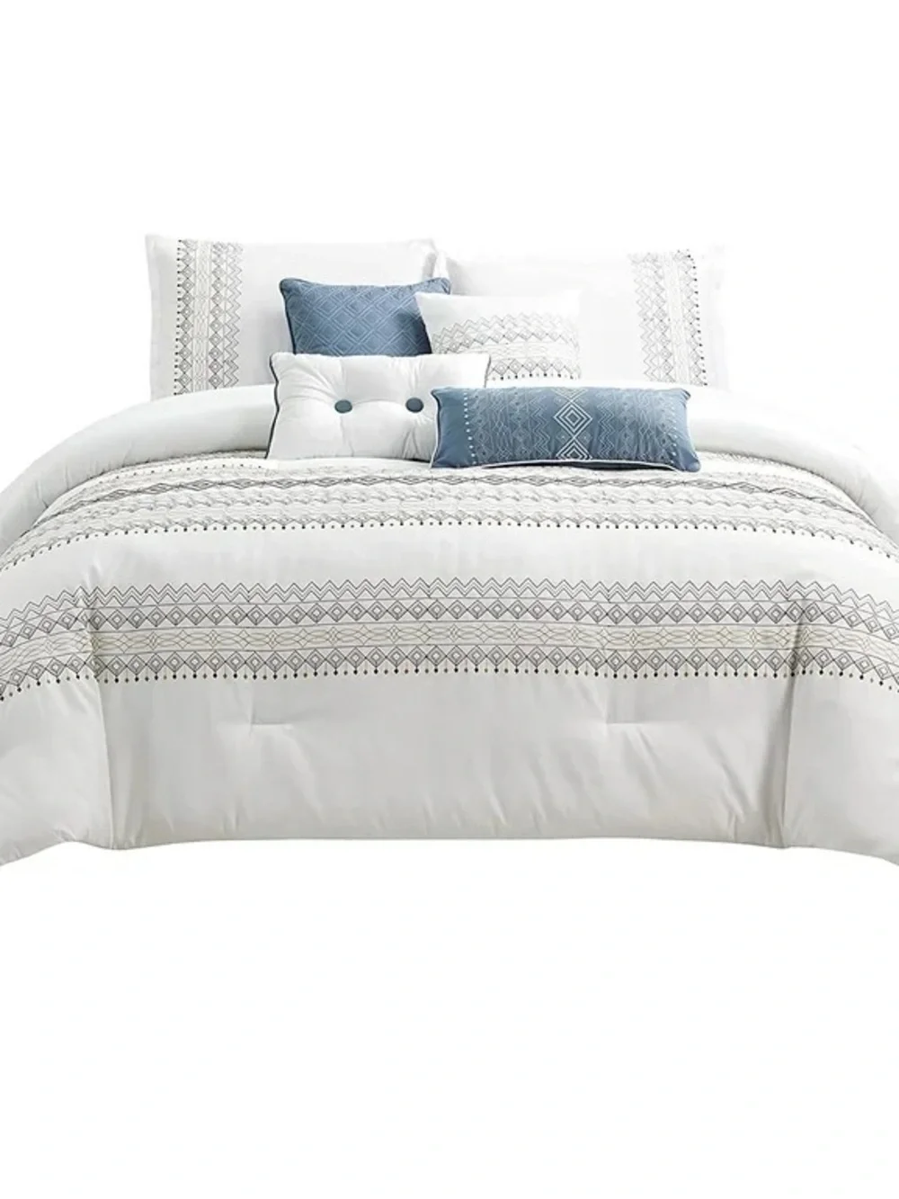 Classic White & Blue Embroidered Queen 7 piece Comforter Set
